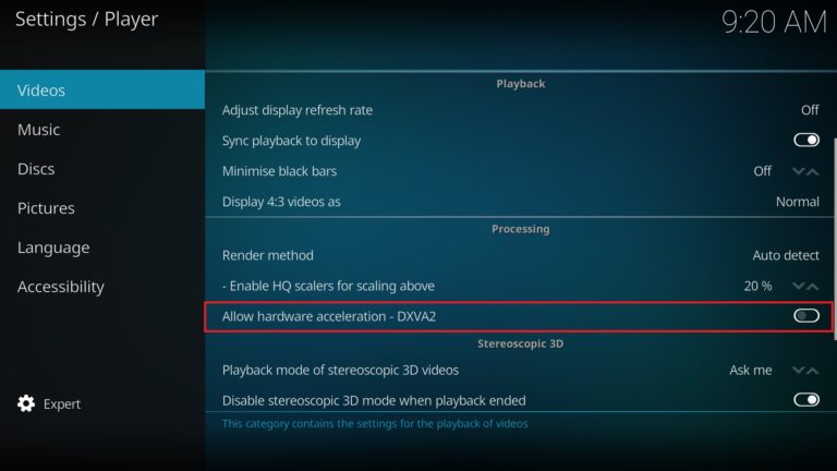 Disable Hardware Acceleration option if cCloud TV Kodi Addon is not working