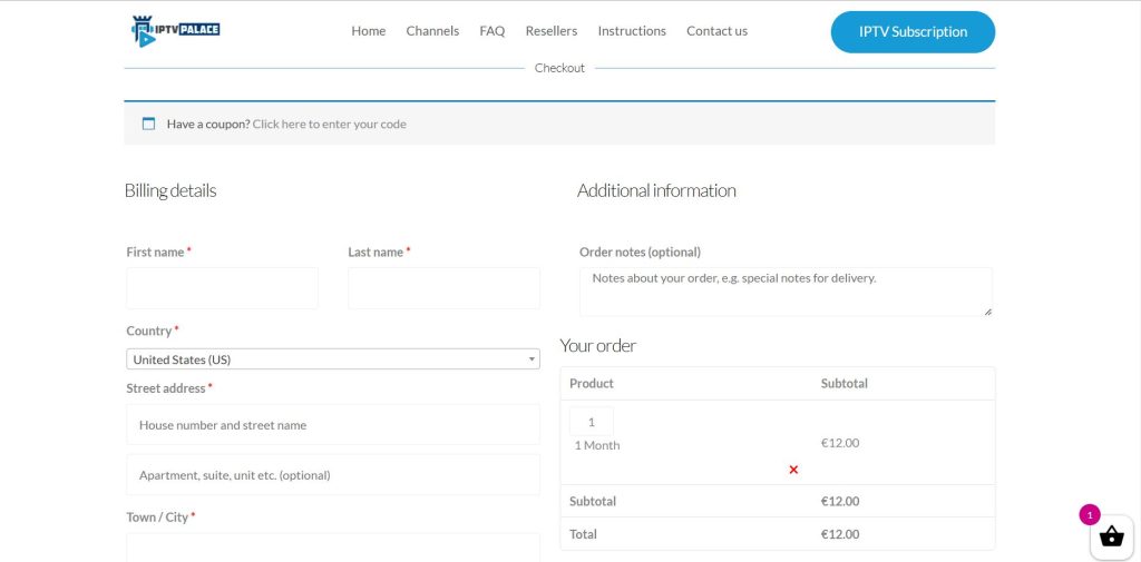 Fill in the IPTV Palace billing fields