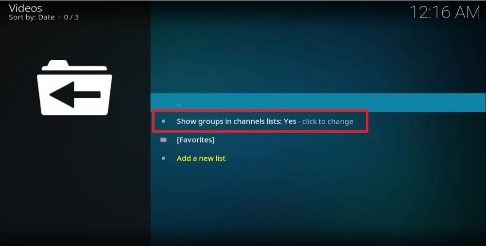 Choose the show groups in channel lists option in the Playlist Loader Kodi Addon 