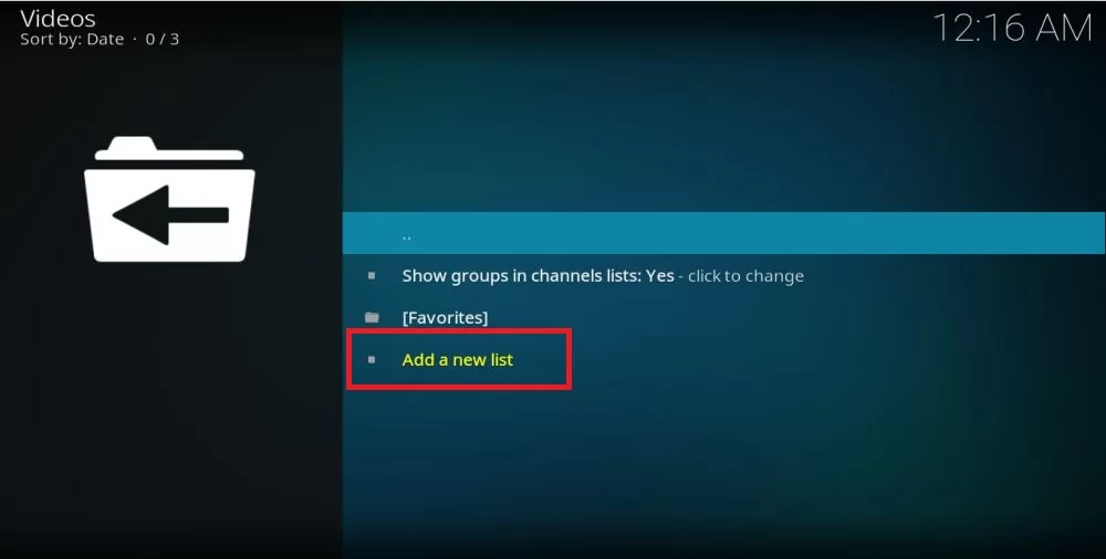 Click Add a new list option in the Playlist Loader Kodi Addon option