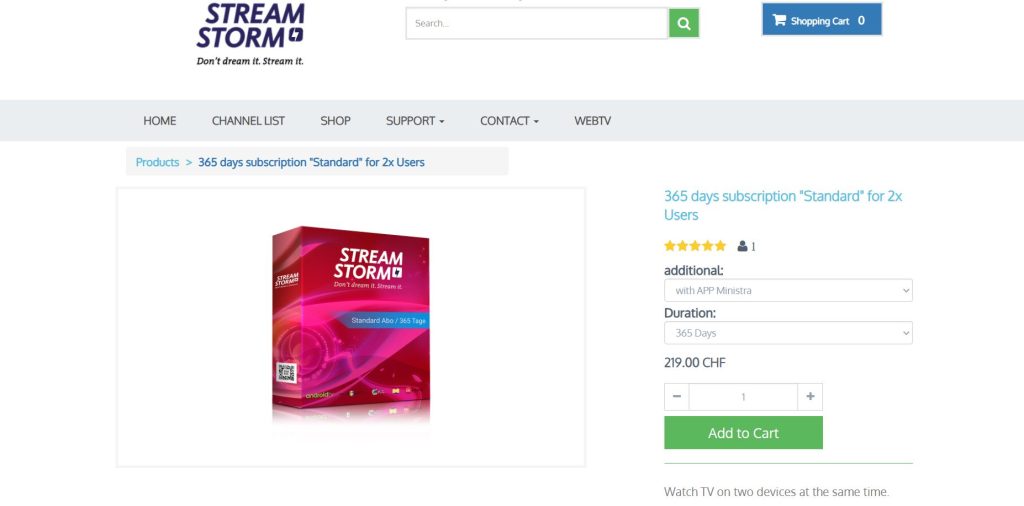 Select the Add to Cart option in the Streamstorm IPTV Addon website