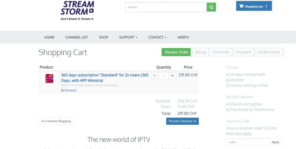 Click the Process to Checkout option in the Streamstorm IPTV website