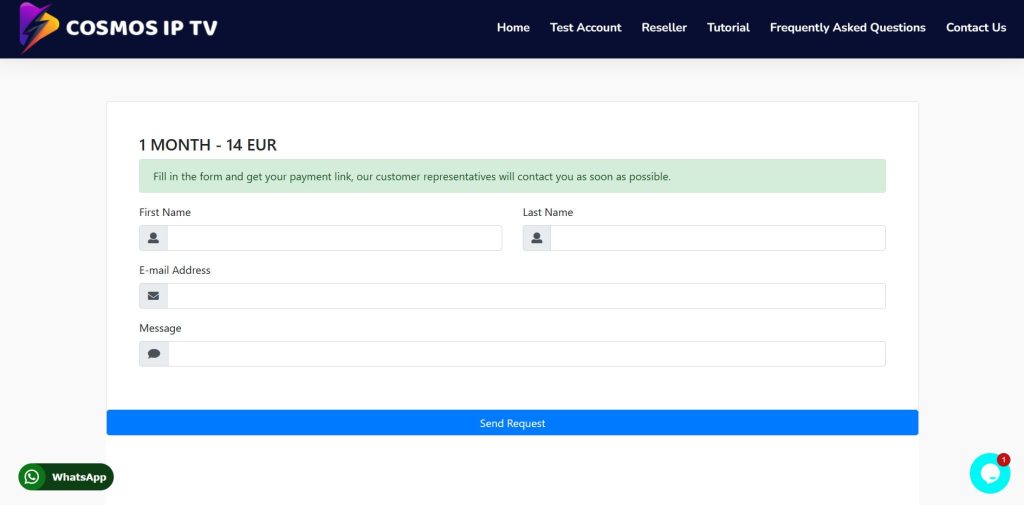 Click Send Request to subscribe to Cosmos IPTV