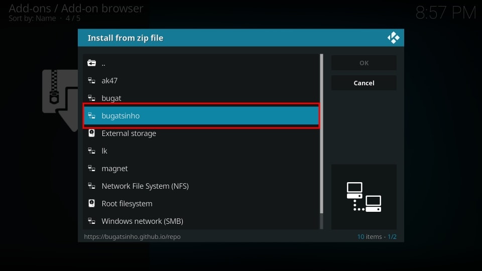 Select the Sports HD Addon zip file