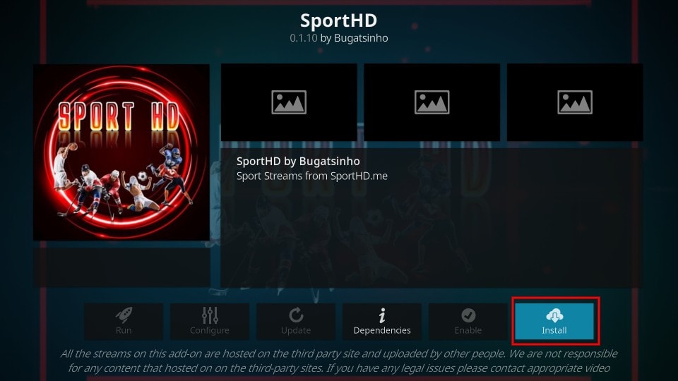 Click Install to get the Sports HD Addon