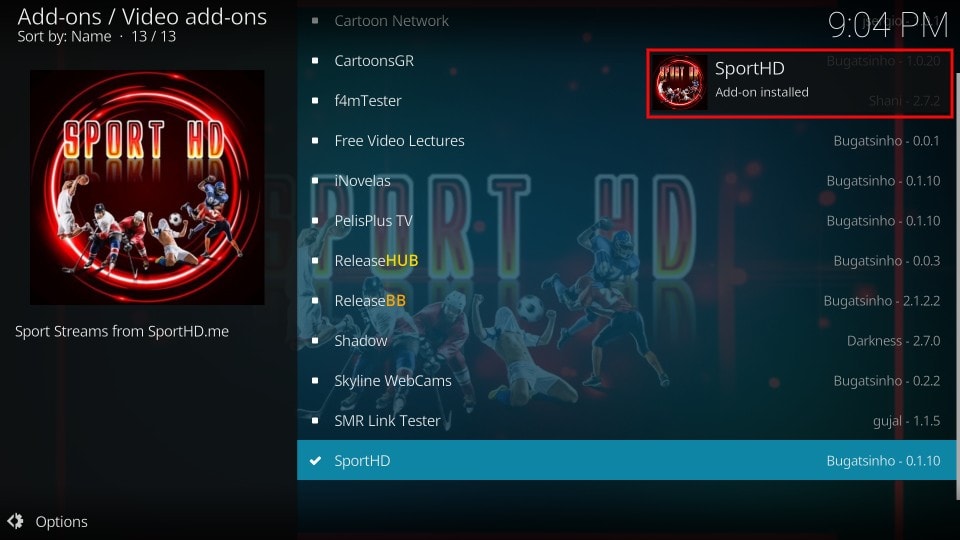 Wait for the Sports HD Addon to be installed
