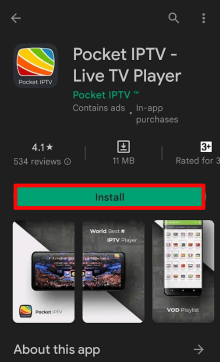 Click on Install to stream Outlaw IPTV on Android using Pocket IPTV