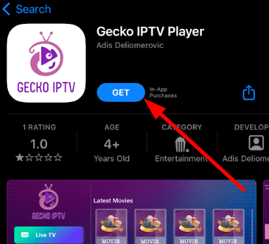 Tap on Get button to INstall Gecko IPTV player on iOS