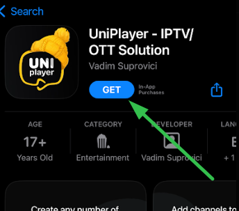 Click on the Get button and watch Scorpion IPTV using Uniplayer