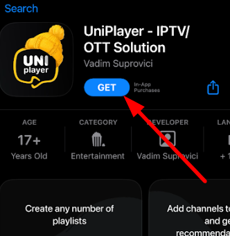 Tap on the Get button to install Uniplayer on iOS