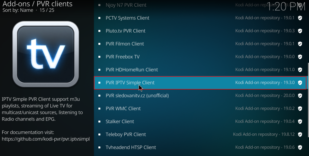 Choose PVR IPTV Simple Client add-on