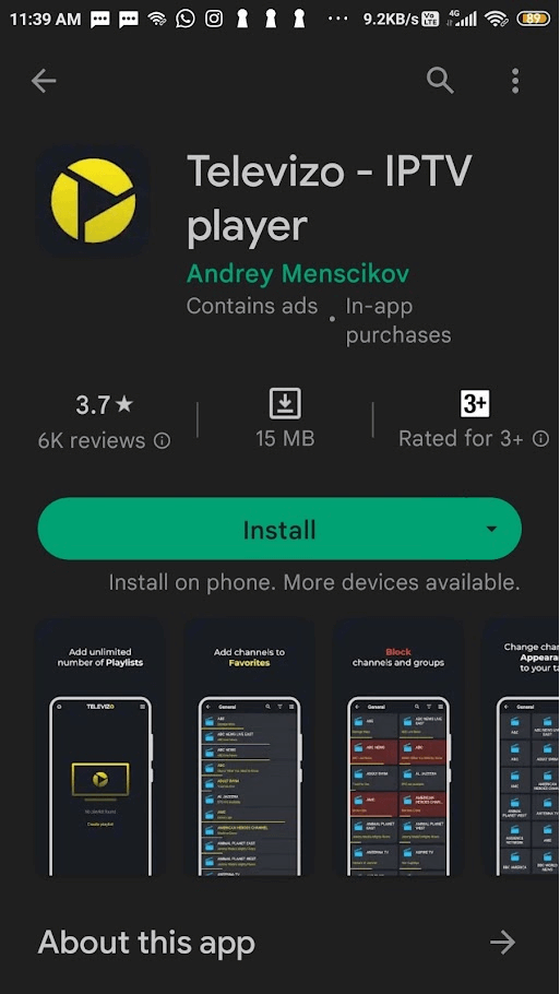 Tap Install button to stream Snap IPTV on Android