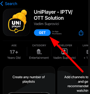 Click Get to install UniPlayer on iOS
