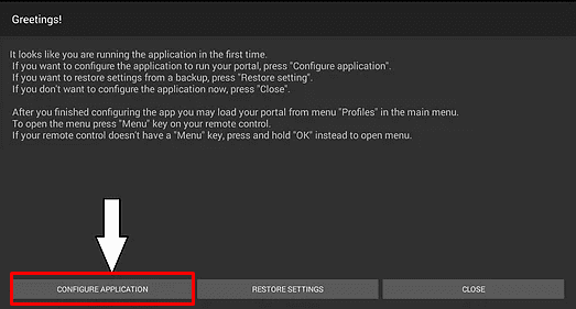 Select Configure button on StbEmu IPTV app