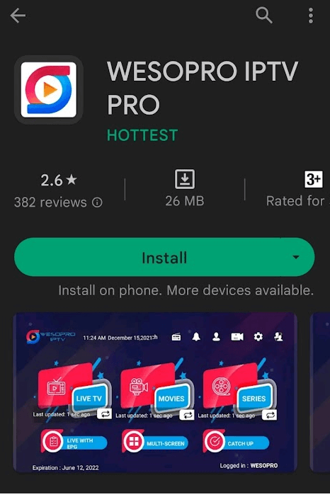 Tap Install to get Wesopro IPTV on Android