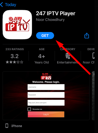 Tap Get and install 247 IPTV Player on iOS