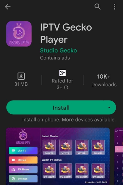 Tap Install button to stream Dino IPTV on Android