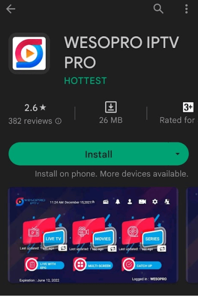 Click the Install button to get Wesopro IPTV