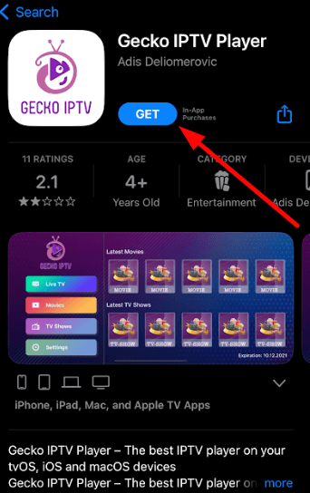 Tap Get and stream Iconic Stream IPTV on iOS