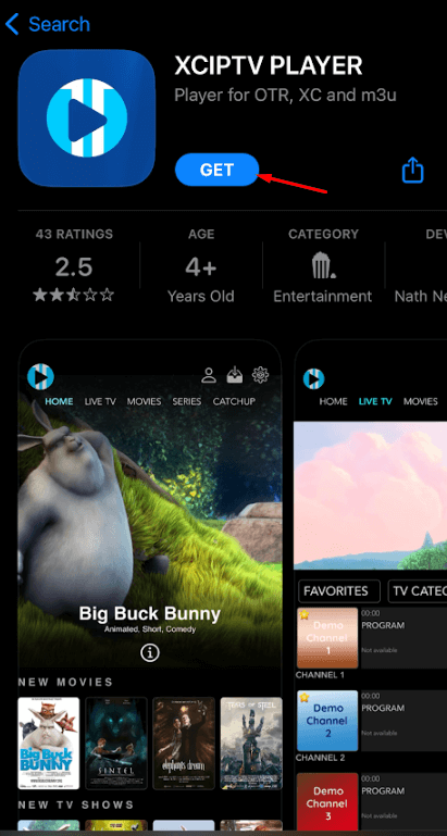 Click the GET button of XCIPTV Player