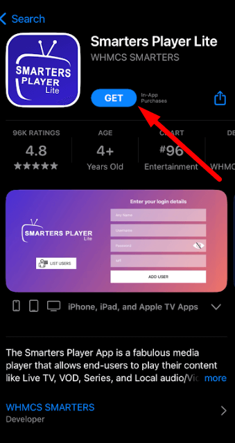 Click the Get button to install IPTV Smarters Player