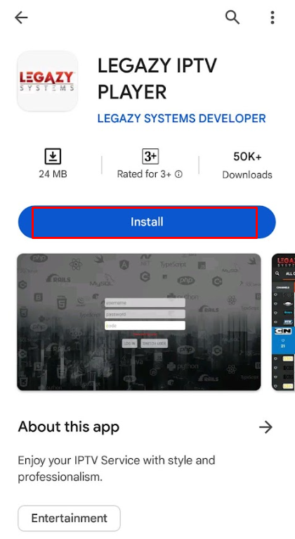 Click install to get Legazy IPTV Player