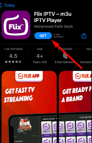 Tap the GET button to install Flix IPTV Player