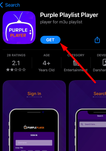 Tap the GET button to install IPTV Smart Purple Player