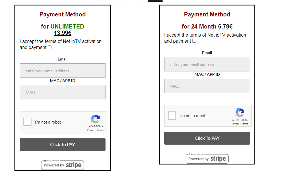 Payment page of Net IPTV