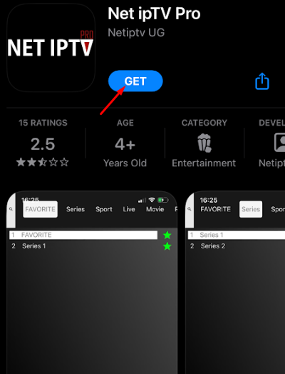 Tap get and install Net IPTV on iOS