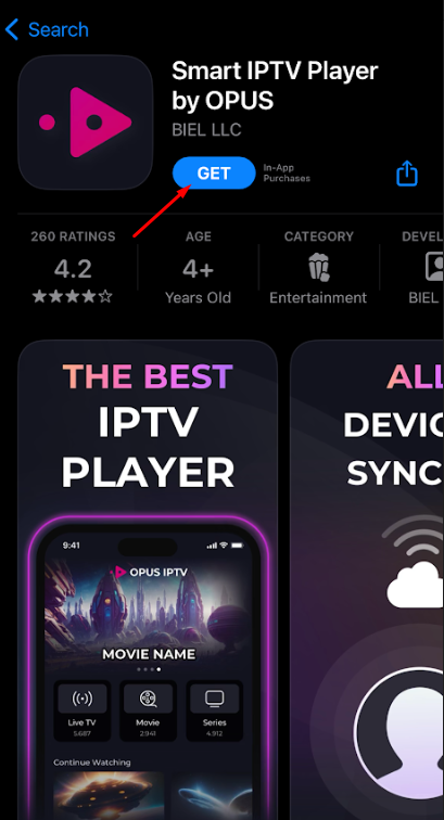 Tap Get to install Opus IPTV on iOS