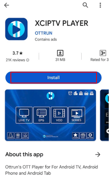 Click the Install button to get XCIPTV Player