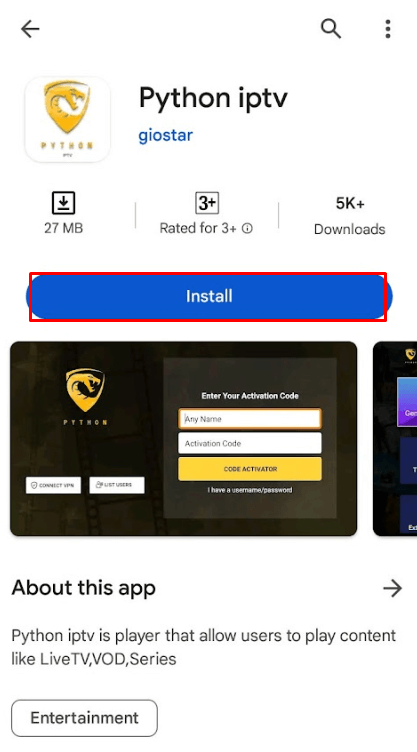Tap install to get Python IPTV app