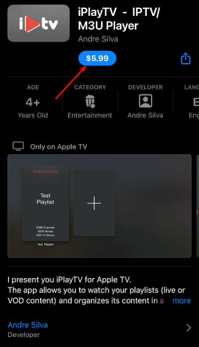 Tap the GET button to install iPlayTV IPTV Player