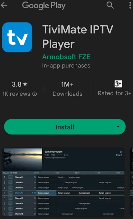 Tap Install to get Tivimate IPTV Player on Android