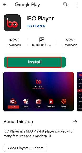 Tap Install to get IBO IPTV Player on Android