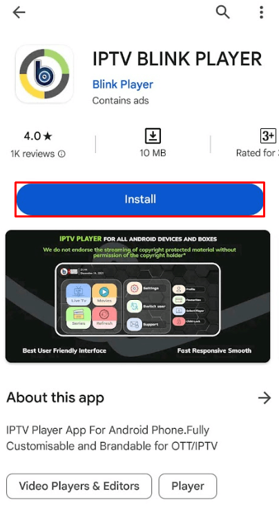 Tap install to get IPTV Blink Player