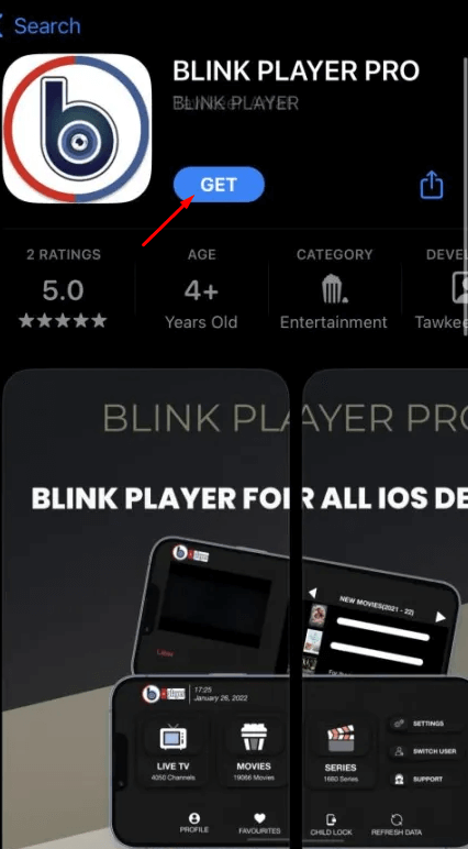Tap Get to install IPTV Blink Player on iPhone/iPad
