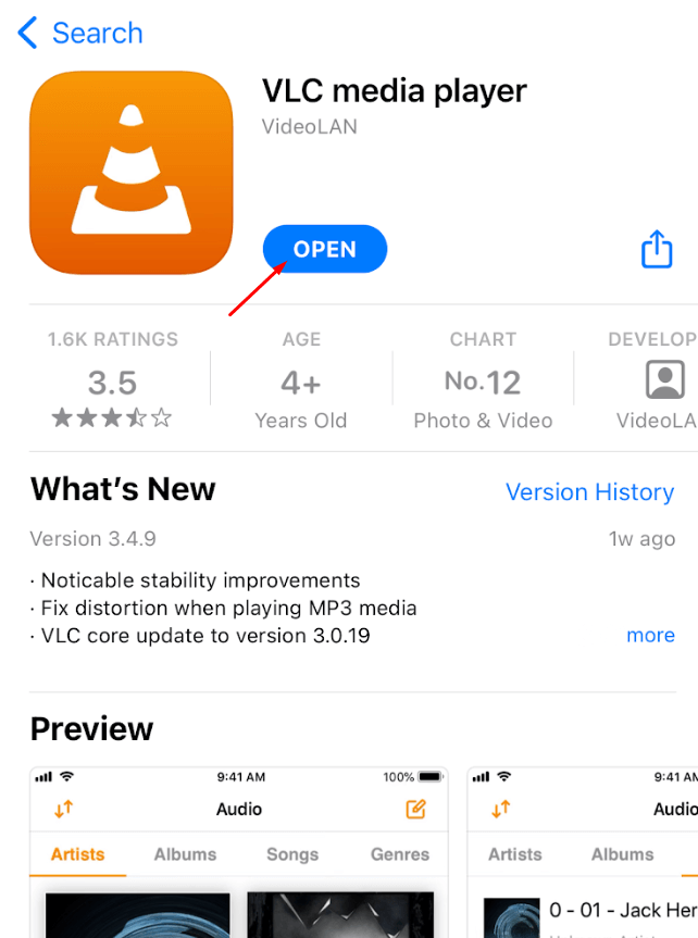 Click Open to launch VLC Player