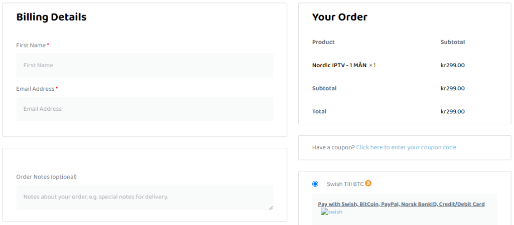 Checkout page of Nordic IPTV