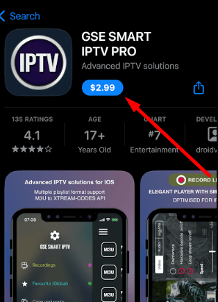 Tap the $2.99 button to install GSE Smart IPTV Player