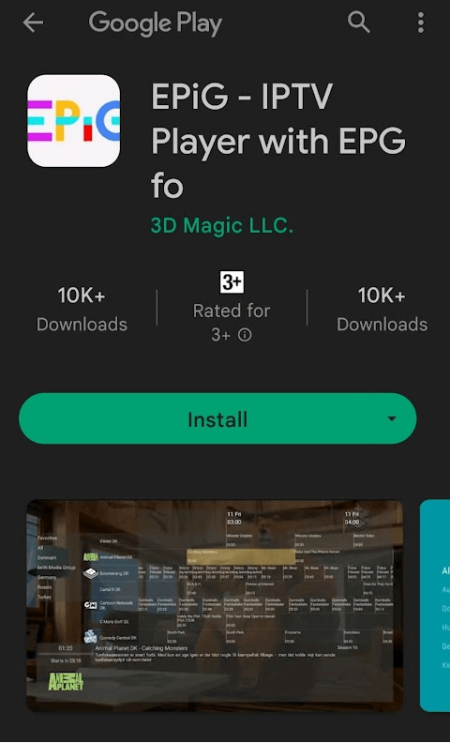 Tap Install to get EPiG IPTV Player on Android