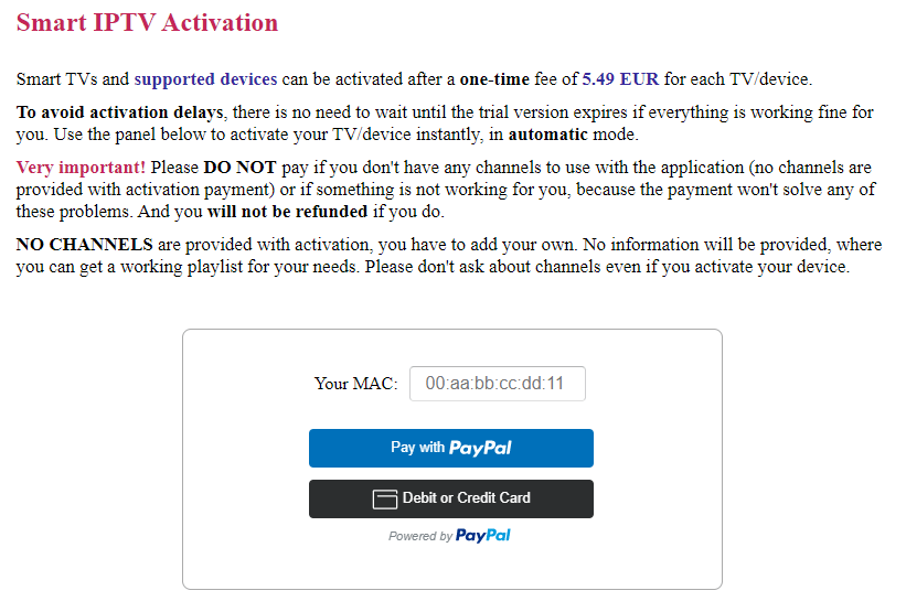 Activation page of Smart IPTV