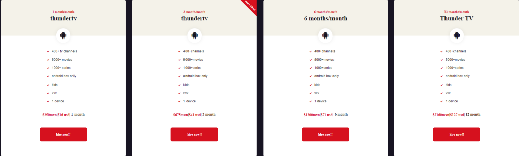 Subscription plans of Thunder TV IPTV