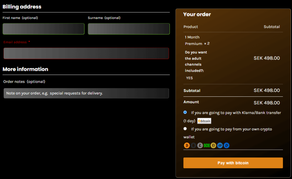 Checkout page of Toucan IPTV
