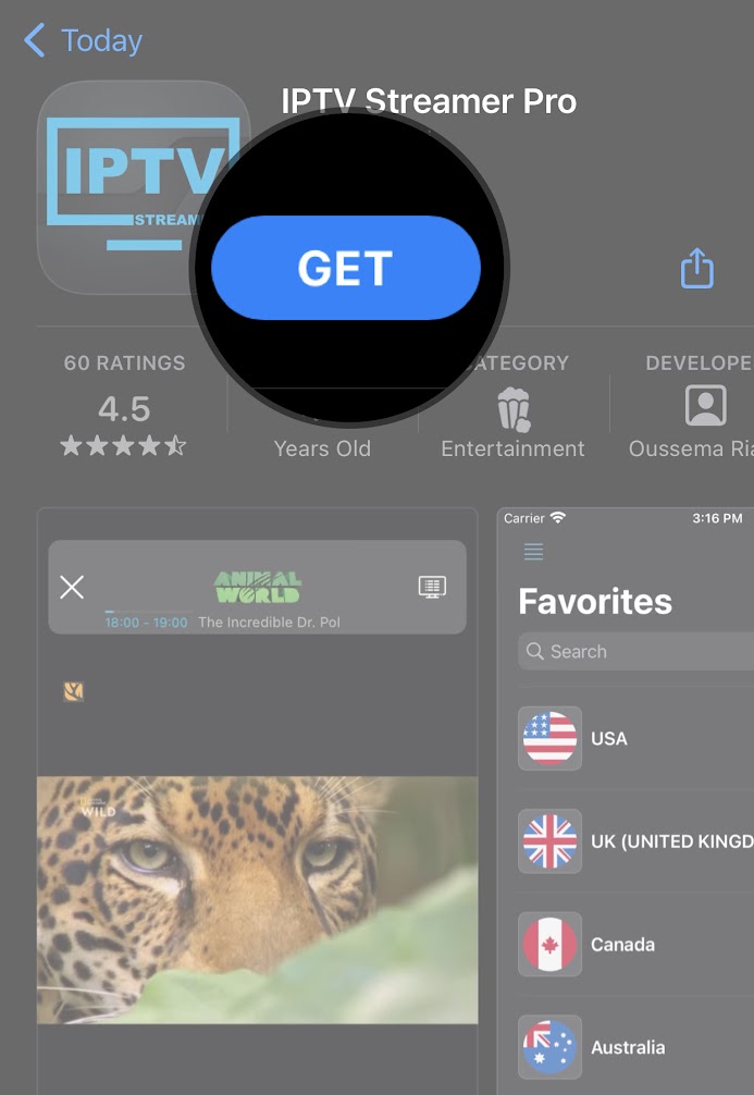 Tap the GET button to install IPTV Streamer