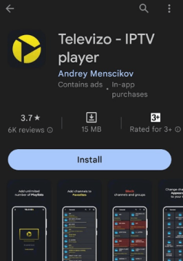 Tap Install to get Televizo TV IPTV on Android