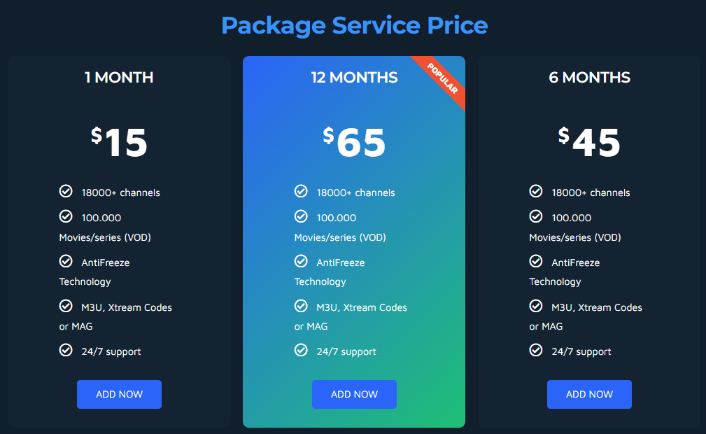 Subscription page of UNO IPTV