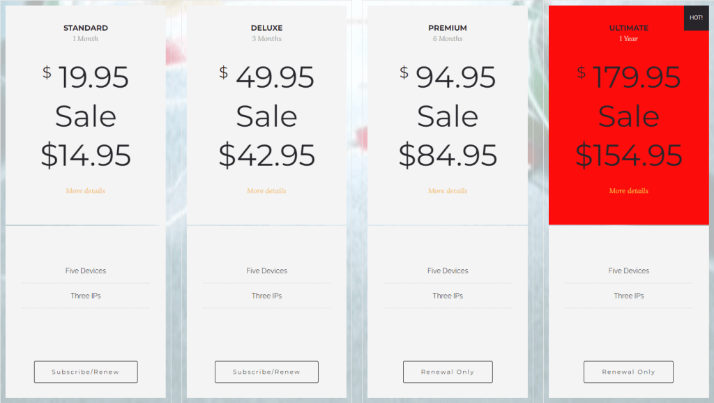 Subscription plans of Vader Streams IPTV