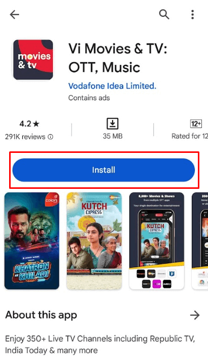 Click Install to get the Vi Movies & TV app